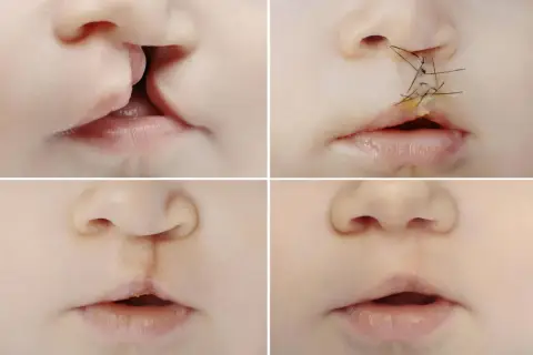 Quattro immagini mostrano l'evoluzione di un labbro leporino: prima, subito dopo l'intervento con suture, e dopo la guarigione.