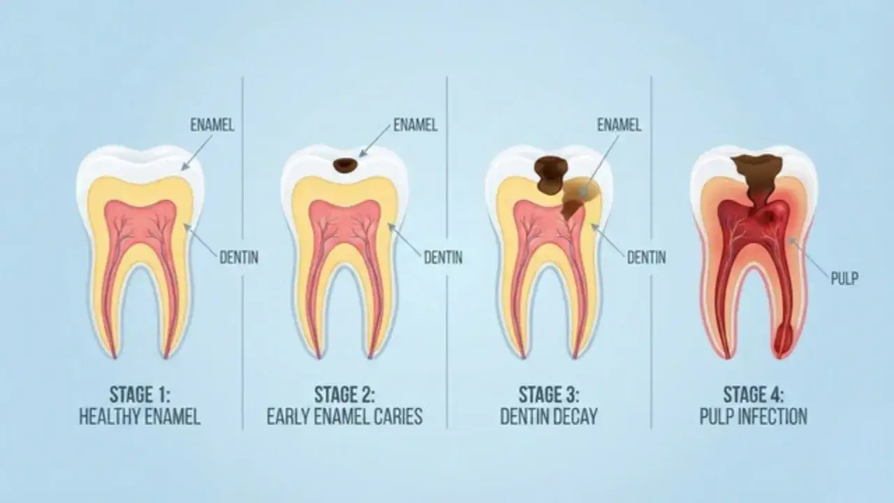 Illustrazione delle fasi di progressione dei denti cariati: da smalto sano a infezione della polpa.